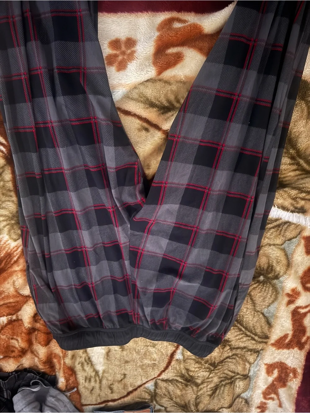 Plaid Mens Lounge Pants - Black & Gray with Red Accent